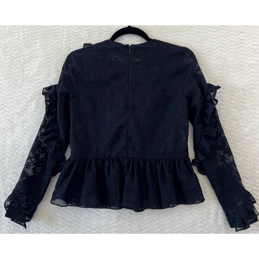H&M Navy Blue Sheer Floral Ruffle Peplum Long Sleeve Shirt Top Womens Sz 4 - Picture 3 of 11